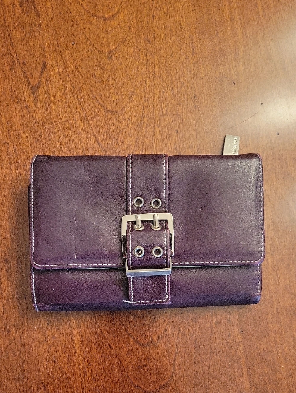 Perlina Wallet Vintage Dark Purple Leather Lime Green Leather Inside